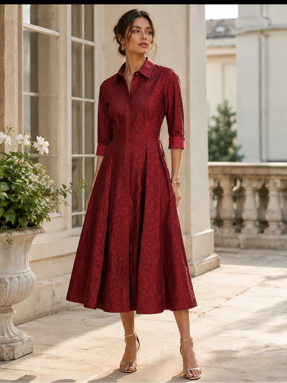 Teri Jon Burgundy Eyelet Midi Dress Size 6 Fit & Flare